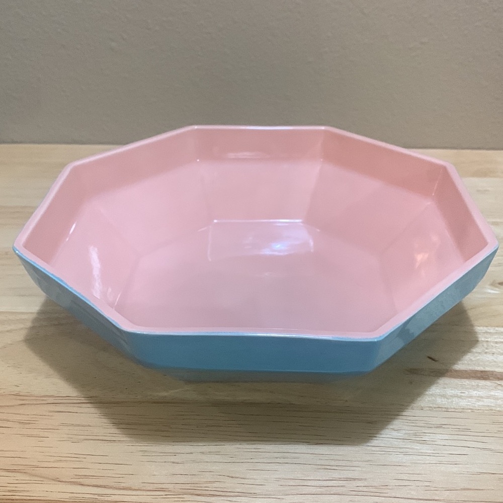 Blue and salmon colored octagonal bowl. BJ Molds